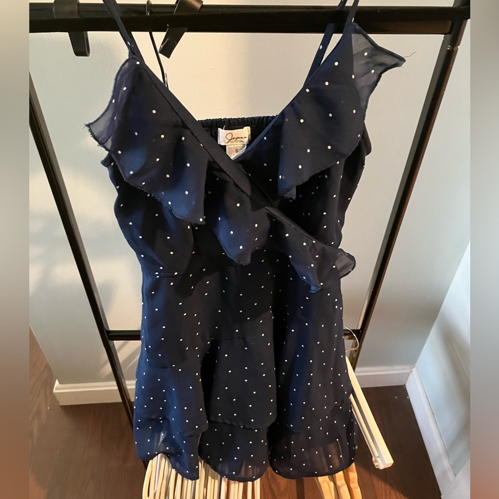 Japna Navy Blue White Polka Dot Romper Mini Dress